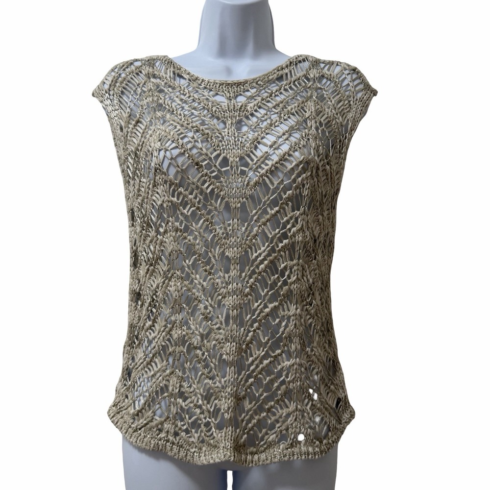 Eileen Fisher Brushstroke Satin Tape Crochet Top Size SP Maple Oat Boho Beachy